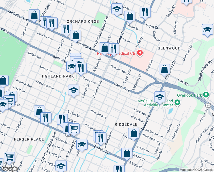 map of restaurants, bars, coffee shops, grocery stores, and more near 2201 Union Avenue in Chattanooga