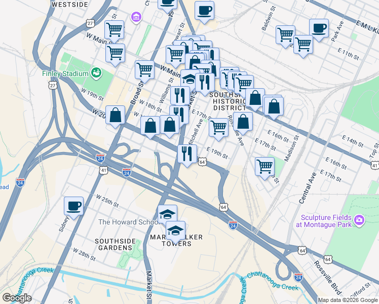 map of restaurants, bars, coffee shops, grocery stores, and more near 52 U.S. 11 in Chattanooga