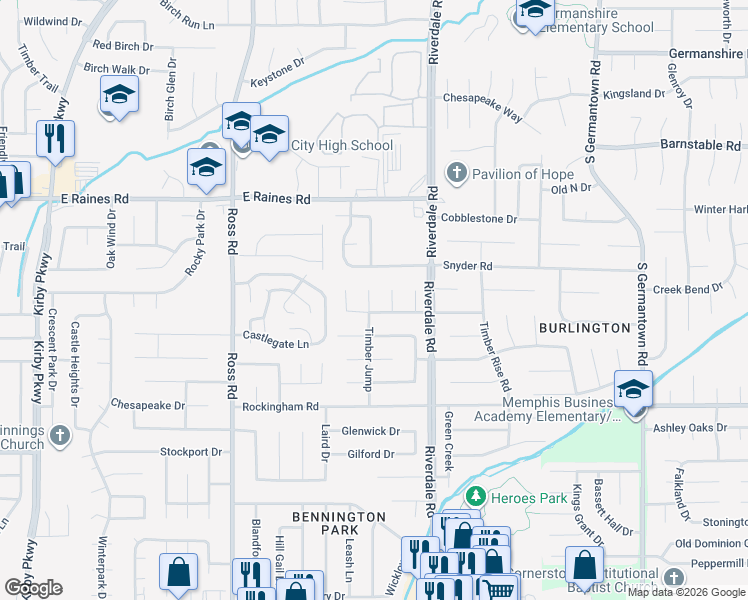 map of restaurants, bars, coffee shops, grocery stores, and more near 6884 Fox Hedge in Memphis