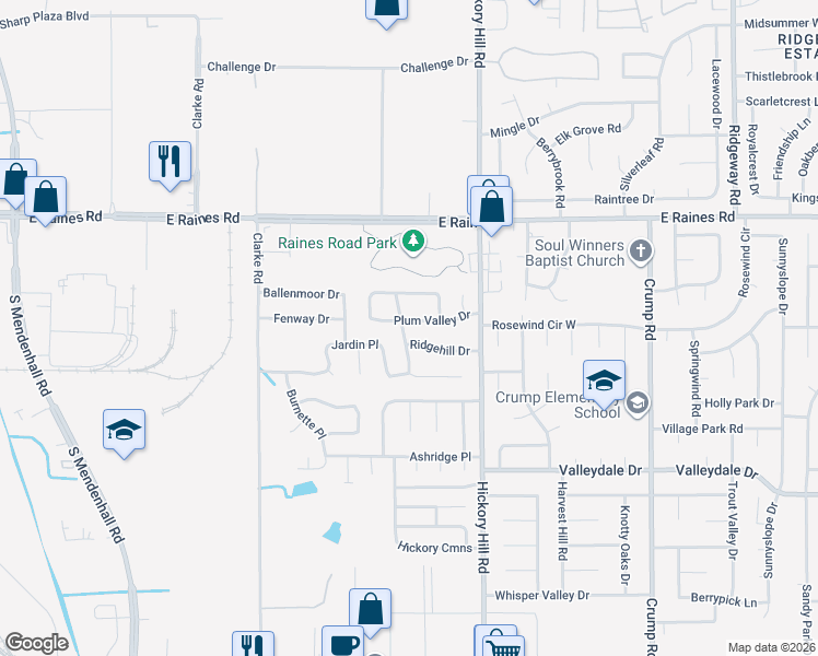 map of restaurants, bars, coffee shops, grocery stores, and more near 4307 Ridge Valley Trail in Memphis