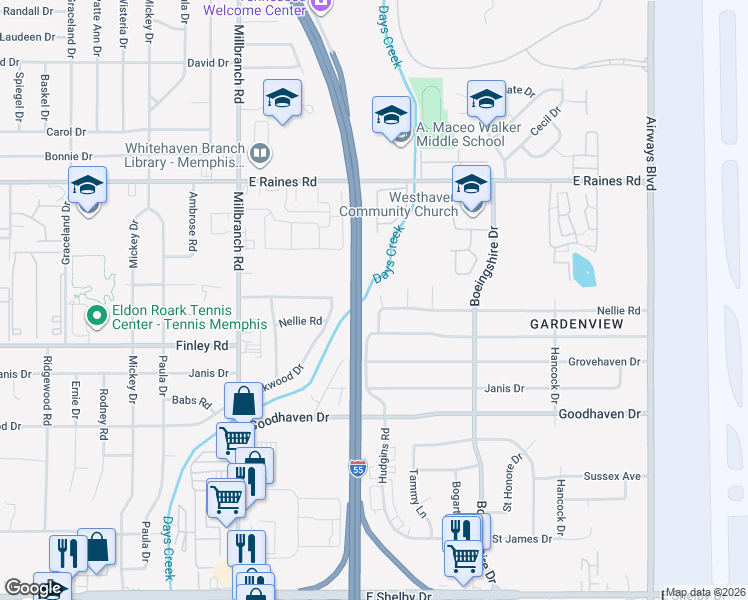 map of restaurants, bars, coffee shops, grocery stores, and more near 4311 Hudgins Road in Memphis