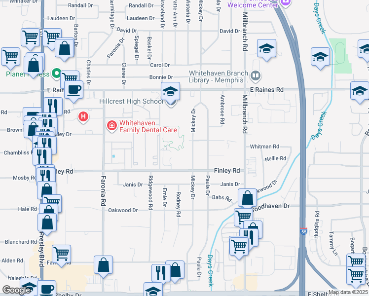 map of restaurants, bars, coffee shops, grocery stores, and more near 1474 Finley Road in Memphis