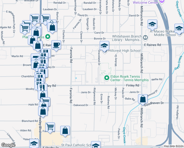 map of restaurants, bars, coffee shops, grocery stores, and more near 4243 Graceland Drive in Memphis