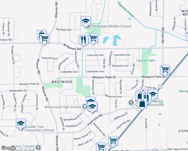 map of restaurants, bars, coffee shops, grocery stores, and more near 779 Western Park Drive in Memphis