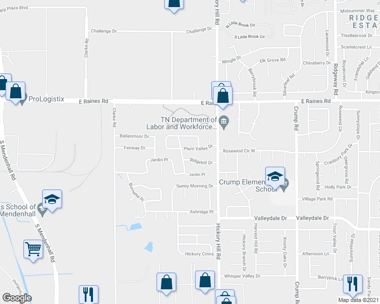 map of restaurants, bars, coffee shops, grocery stores, and more near 5839 Plum Valley Drive in Memphis