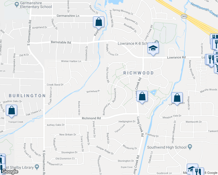 map of restaurants, bars, coffee shops, grocery stores, and more near 7505 Quicksilver Cove in Memphis