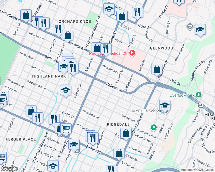 map of restaurants, bars, coffee shops, grocery stores, and more near 2206 Bailey Avenue in Chattanooga