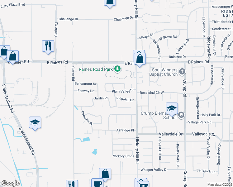 map of restaurants, bars, coffee shops, grocery stores, and more near 4307 Ridge Valley Trail in Memphis
