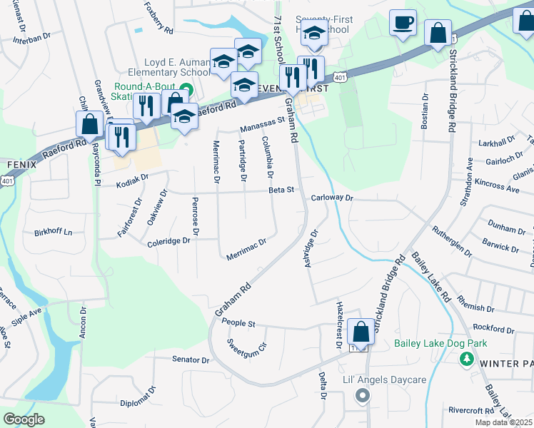map of restaurants, bars, coffee shops, grocery stores, and more near 2043 Merrimac Drive in Fayetteville