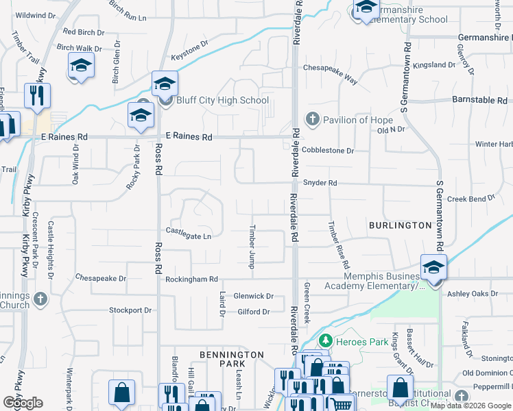map of restaurants, bars, coffee shops, grocery stores, and more near 6884 Fox Hedge in Memphis