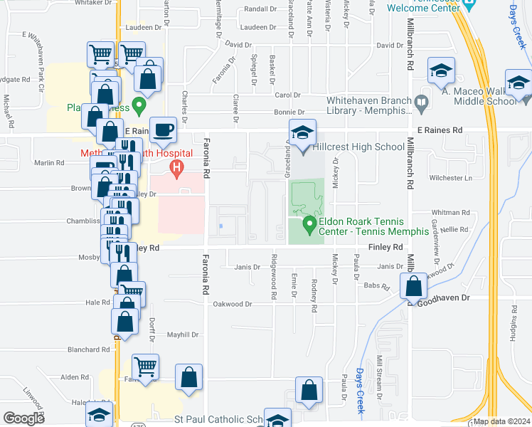 map of restaurants, bars, coffee shops, grocery stores, and more near 4243 Graceland Drive in Memphis