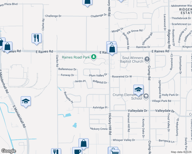 map of restaurants, bars, coffee shops, grocery stores, and more near 5858 Ridgehill Drive in Memphis