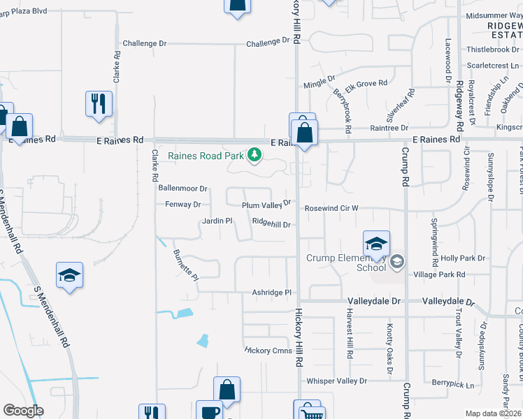 map of restaurants, bars, coffee shops, grocery stores, and more near 5858 Ridgehill Drive in Memphis