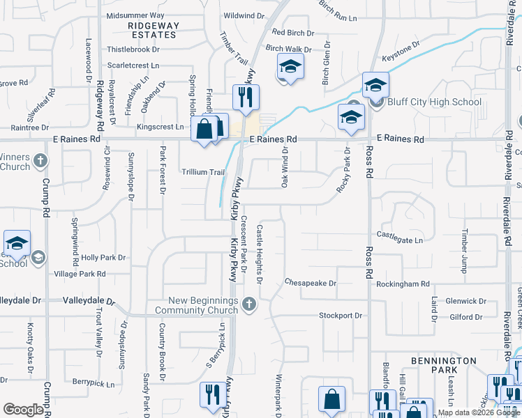 map of restaurants, bars, coffee shops, grocery stores, and more near 6501 Rocky Park Drive in Memphis