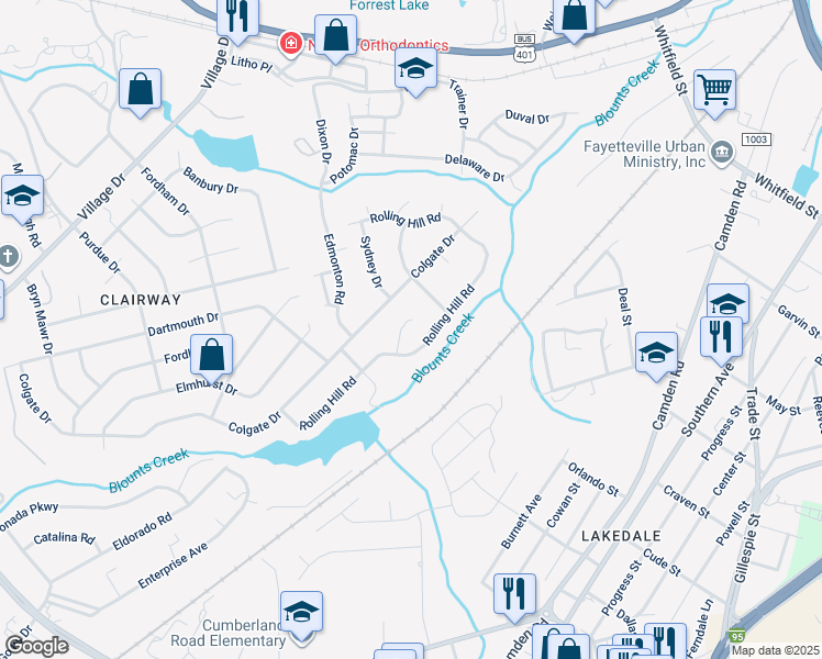 map of restaurants, bars, coffee shops, grocery stores, and more near 2707 Compton Place in Fayetteville
