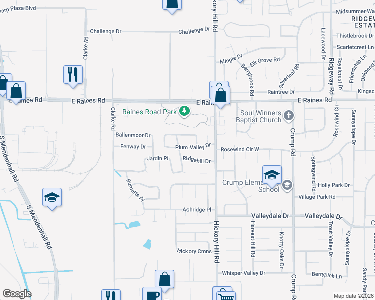 map of restaurants, bars, coffee shops, grocery stores, and more near 5858 Ridgehill Drive in Memphis