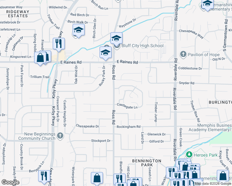 map of restaurants, bars, coffee shops, grocery stores, and more near 4306 Ross Road in Memphis