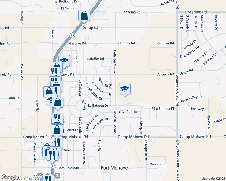 map of restaurants, bars, coffee shops, grocery stores, and more near 4328 Palm Lane in Fort Mohave