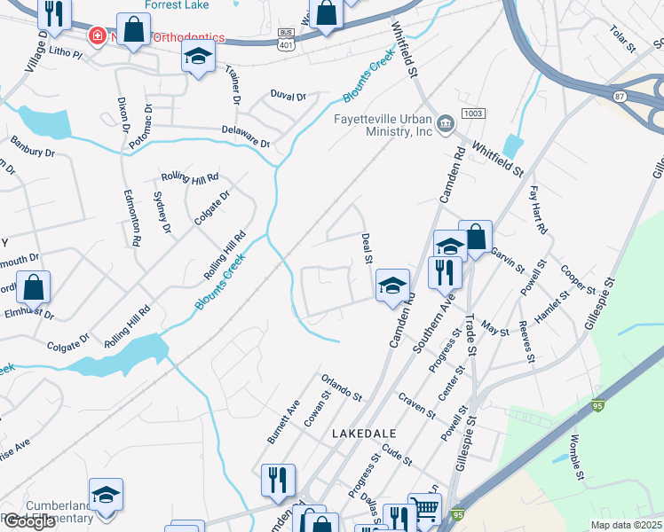 map of restaurants, bars, coffee shops, grocery stores, and more near 1514 Stonewood Drive in Fayetteville