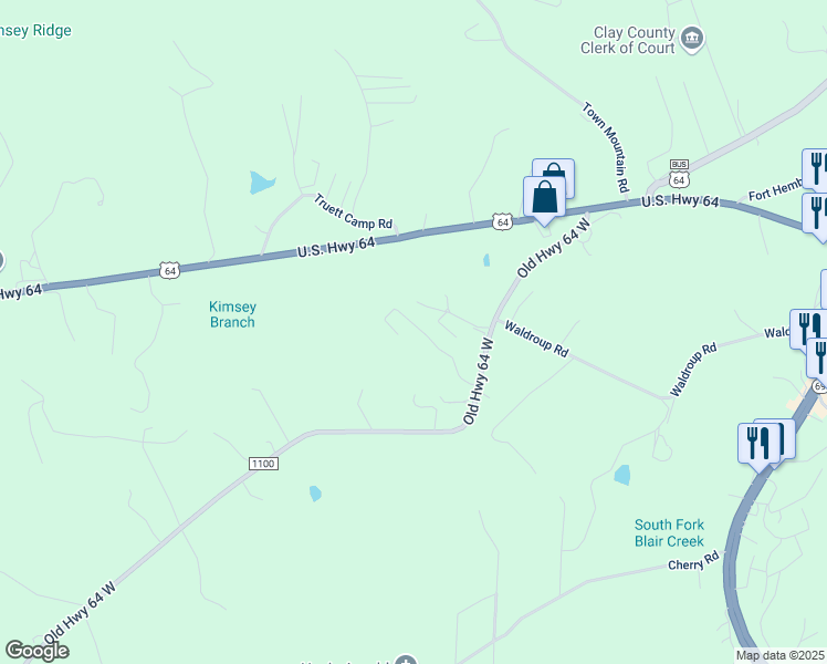 map of restaurants, bars, coffee shops, grocery stores, and more near 480 Old Highway 64 West in Warne