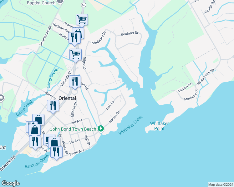 map of restaurants, bars, coffee shops, grocery stores, and more near 1117 Link Lane in Oriental