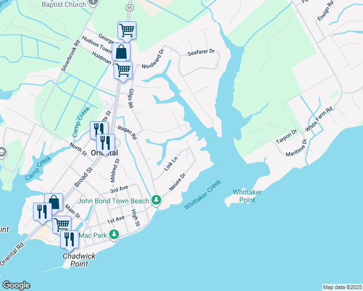 map of restaurants, bars, coffee shops, grocery stores, and more near 1117 Link Lane in Oriental