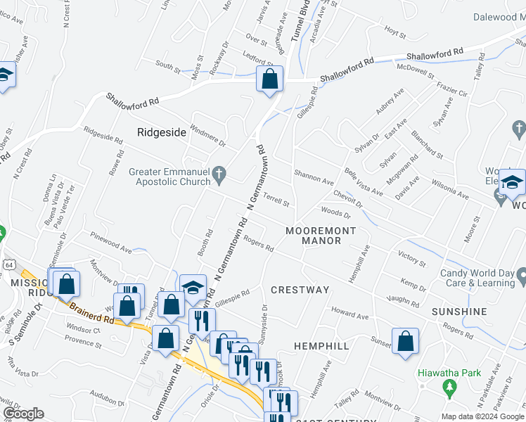 map of restaurants, bars, coffee shops, grocery stores, and more near 3609 Ridgeside Road in Chattanooga