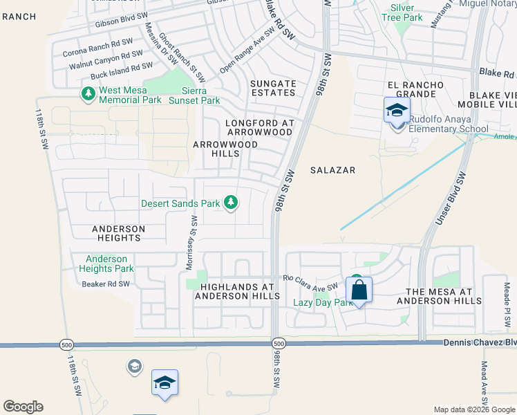 map of restaurants, bars, coffee shops, grocery stores, and more near 3012 Bosque De Oro Drive Southwest in Albuquerque