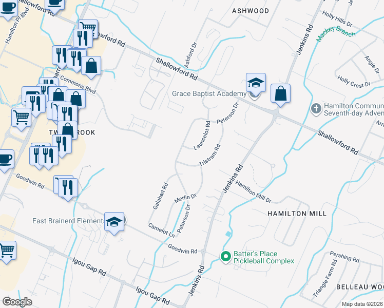 map of restaurants, bars, coffee shops, grocery stores, and more near 2217 Tristram Road in Chattanooga