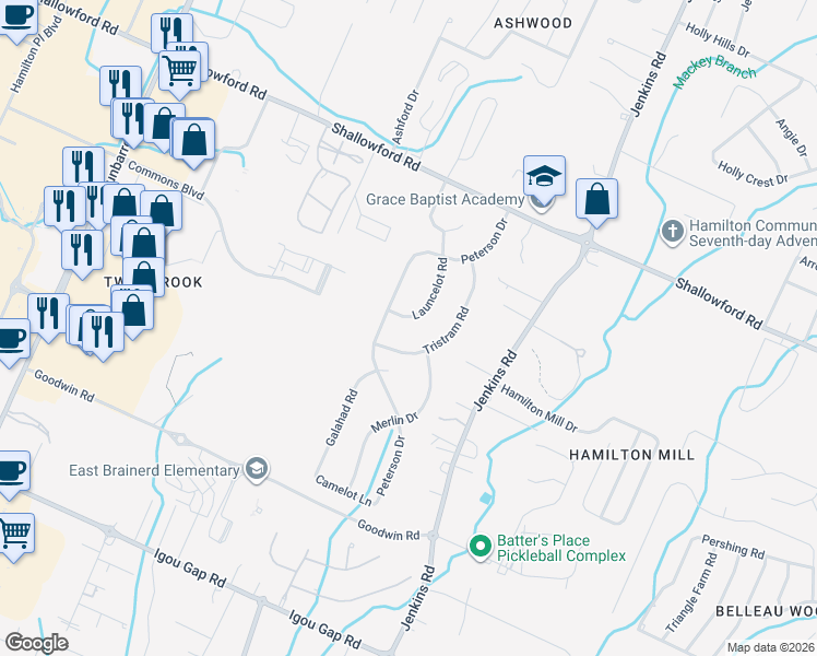 map of restaurants, bars, coffee shops, grocery stores, and more near 2217 Tristram Road in Chattanooga