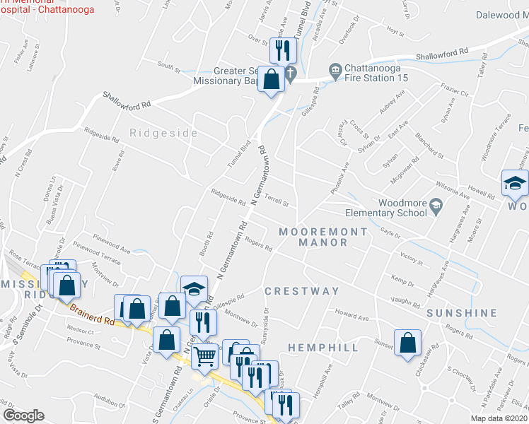map of restaurants, bars, coffee shops, grocery stores, and more near 3606 Perry Street in Chattanooga