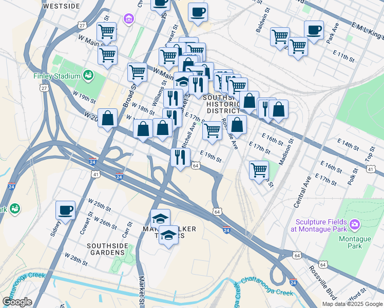 map of restaurants, bars, coffee shops, grocery stores, and more near 201 East 20th Street in Chattanooga