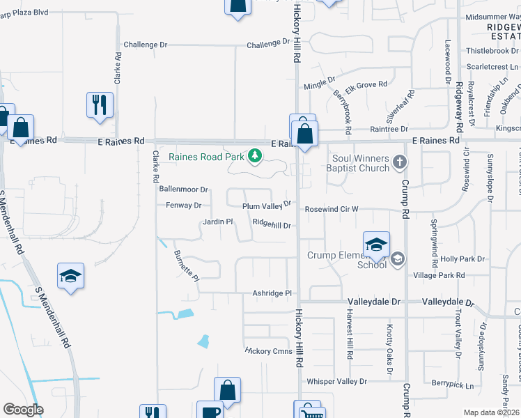 map of restaurants, bars, coffee shops, grocery stores, and more near 5858 Ridgehill Drive in Memphis