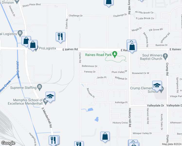 map of restaurants, bars, coffee shops, grocery stores, and more near 5707 Fenway Drive in Memphis