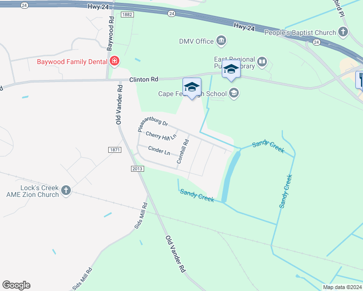 map of restaurants, bars, coffee shops, grocery stores, and more near 318 Cornhill Road in Fayetteville