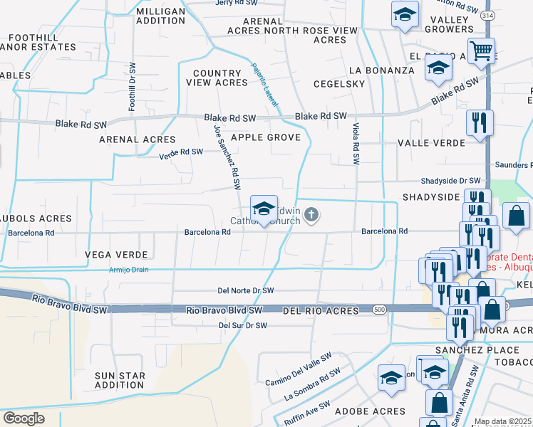 map of restaurants, bars, coffee shops, grocery stores, and more near 2311 Barcelona Road Southwest in Albuquerque