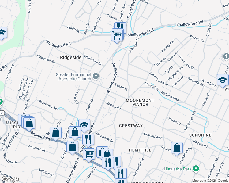 map of restaurants, bars, coffee shops, grocery stores, and more near 3606 Perry Street in Chattanooga