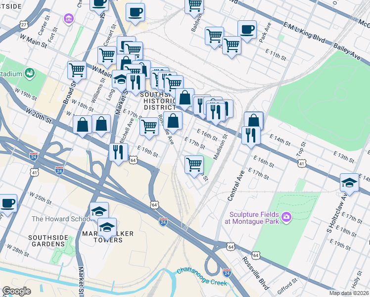 map of restaurants, bars, coffee shops, grocery stores, and more near 564 East 18th Street in Chattanooga