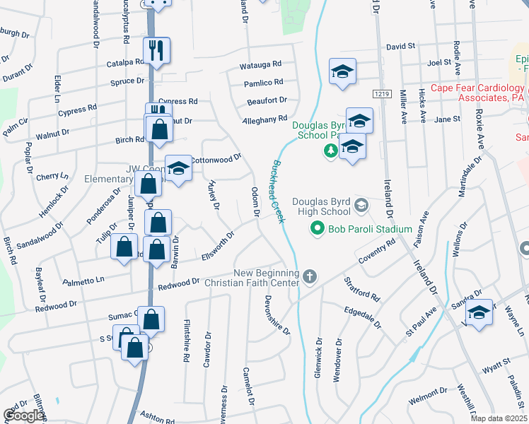 map of restaurants, bars, coffee shops, grocery stores, and more near 981 Odom Drive in Fayetteville