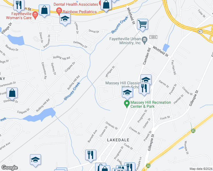 map of restaurants, bars, coffee shops, grocery stores, and more near 1518 Stonewood Drive in Fayetteville