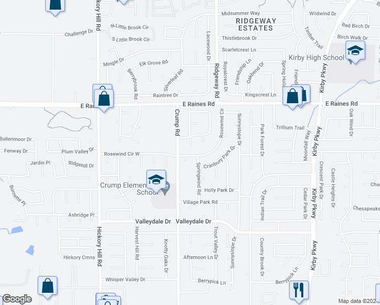 map of restaurants, bars, coffee shops, grocery stores, and more near 4269 Rosewind Circle in Memphis