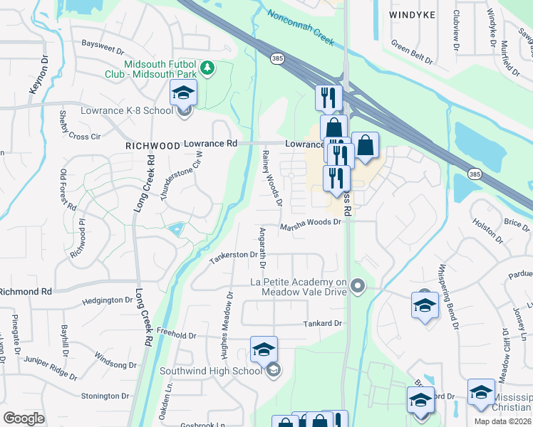 map of restaurants, bars, coffee shops, grocery stores, and more near 7886 Marsha Woods Drive in Memphis