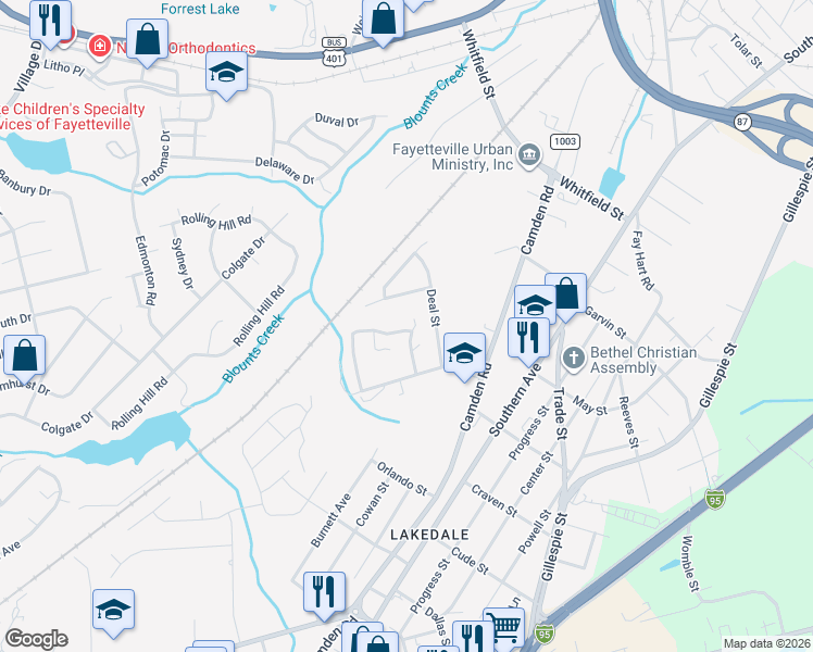 map of restaurants, bars, coffee shops, grocery stores, and more near 1504 Rocktree Court in Fayetteville