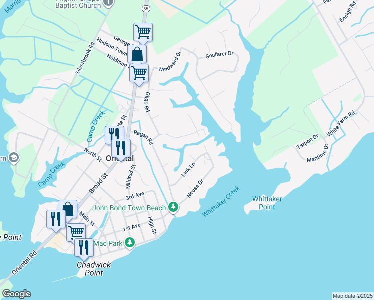 map of restaurants, bars, coffee shops, grocery stores, and more near 104 Gull Circle in Oriental