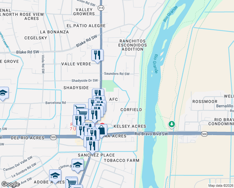 map of restaurants, bars, coffee shops, grocery stores, and more near 1461 Barcelona Road Southwest in Albuquerque