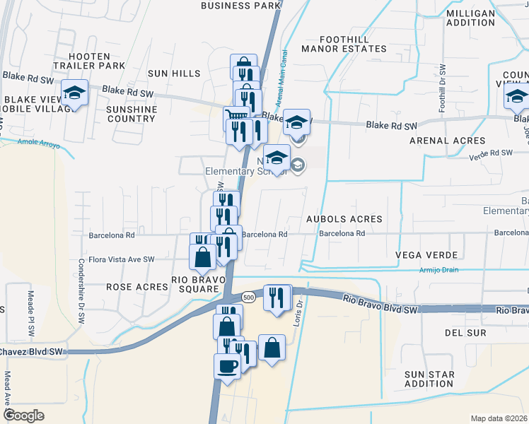 map of restaurants, bars, coffee shops, grocery stores, and more near 3045 Dover Road Southwest in Albuquerque