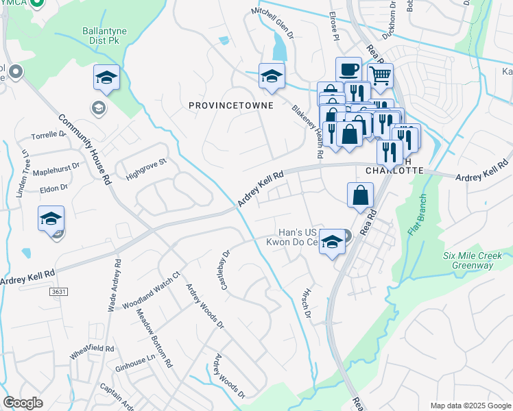 map of restaurants, bars, coffee shops, grocery stores, and more near 9007 Fairbridge Road in Charlotte