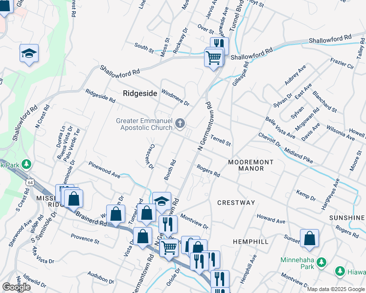 map of restaurants, bars, coffee shops, grocery stores, and more near 3523 Rogers Road in Chattanooga