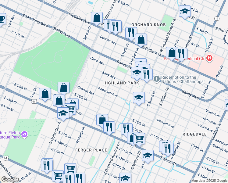 map of restaurants, bars, coffee shops, grocery stores, and more near 1003 South Hickory Street in Chattanooga