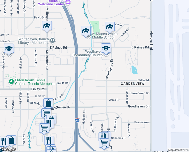 map of restaurants, bars, coffee shops, grocery stores, and more near 1923 Nellie Road in Memphis